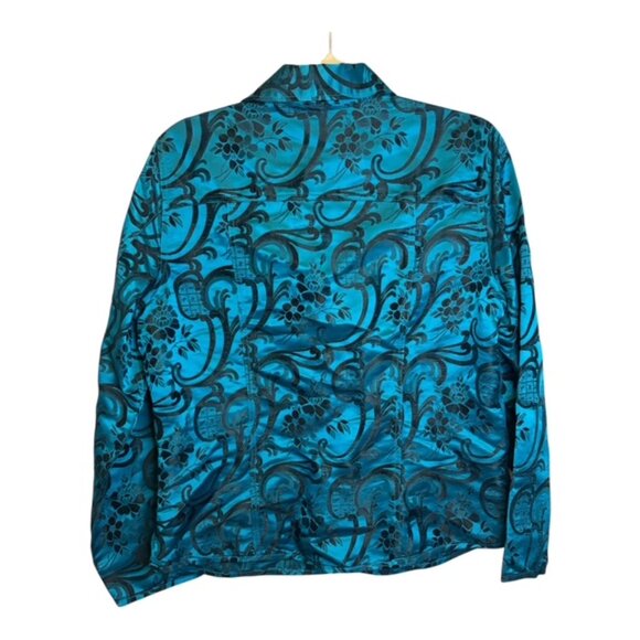 Chico's Jacket Women's Size Medium Silk Blend Floral Blue Black Chicos 1 - Picture 2 of 3